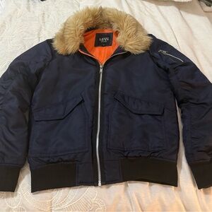 Boohoo Dark Blue Bomber Jacket with removable Faux Fur Collar